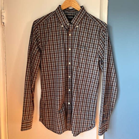 The Tie Bar Mens button down shirt Small, Trim fit. Micro-plaid Brown/Blue/Gray - Picture 1 of 5